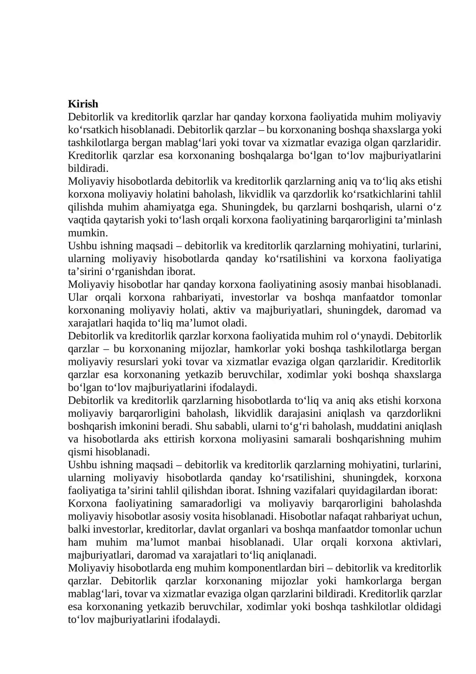 Debitorlik va keditorlik qarzlarning hisobotda kursatilishi 2