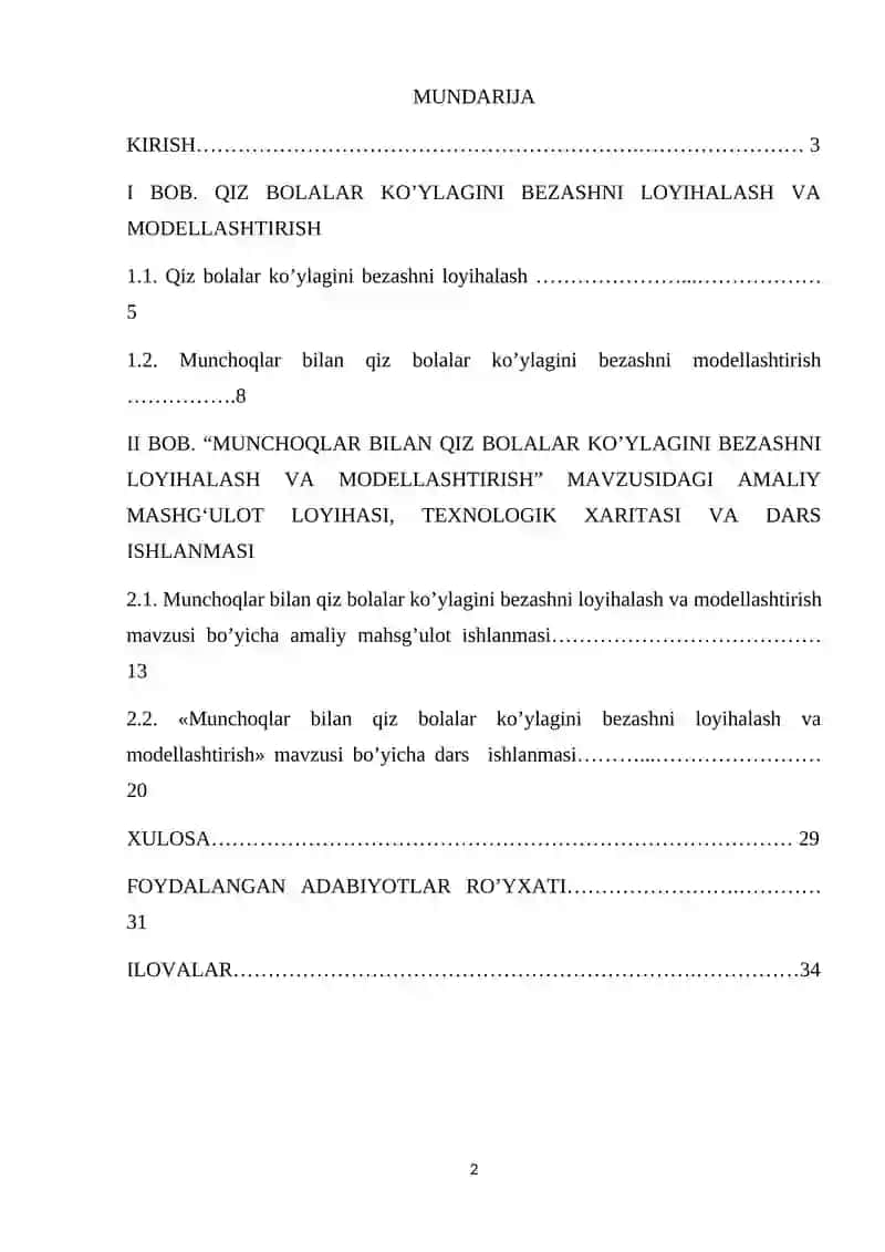 Munchoqlar bilan qiz bolalar ko’ylagini bezashni loyihalash va modellashtirish kurs ishi 2
