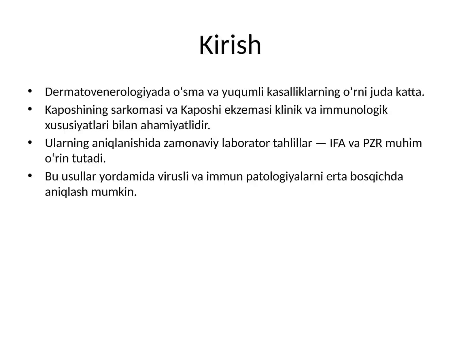Kaposhining sarkomasi. Ekzema Kaposhi. IFA va PZR diagnostik usullarning dermatovenerologiyada qo‘llanilishi 2
