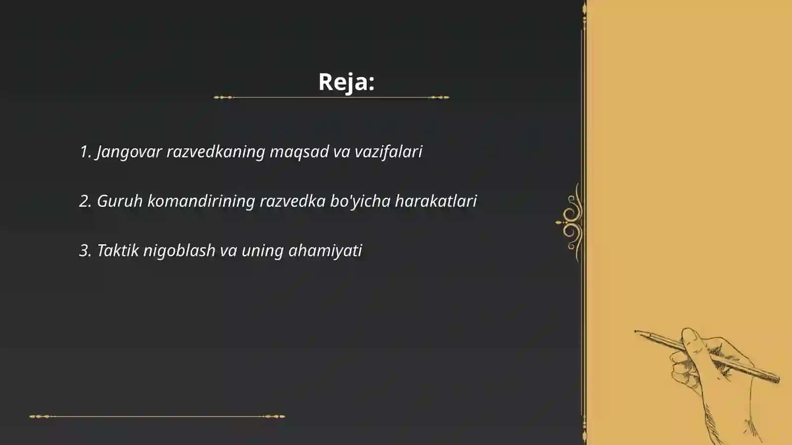 Jangovar ta minotning turlari. Razvedkaga tayinlangan jangovar guruh komandirining ish tartibi 2