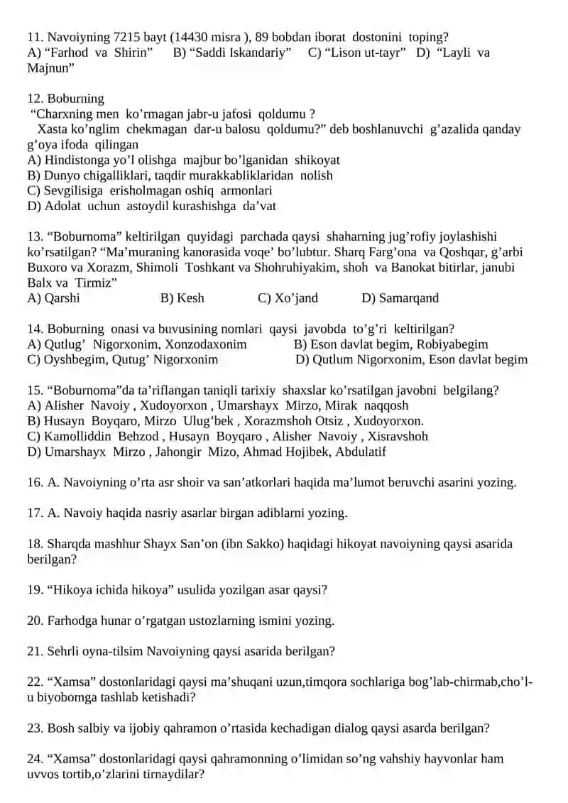 9-sinflar uchun adabiyot fanidan test savollari (IIchorak) 2