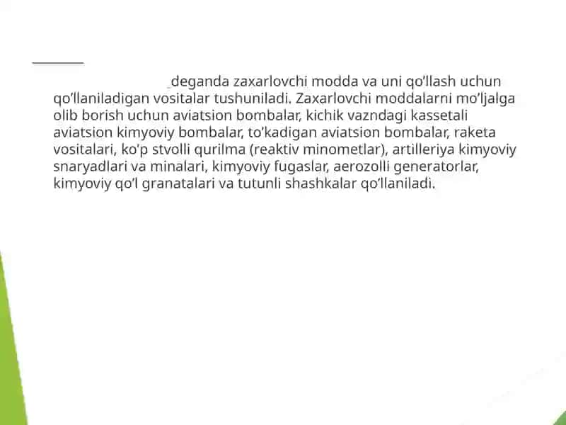 Kimyoviy qurol. Zaxarli moddalarning tasnifi. Kimyoviy vaziyatni baholash 2
