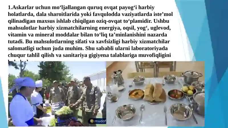 Askarlarning quruq ovqat  payoglaridagi  mahsulotlarni laboratoriya tekshirishlaridan o'tkazish bayonnomasini  tuzish. 2