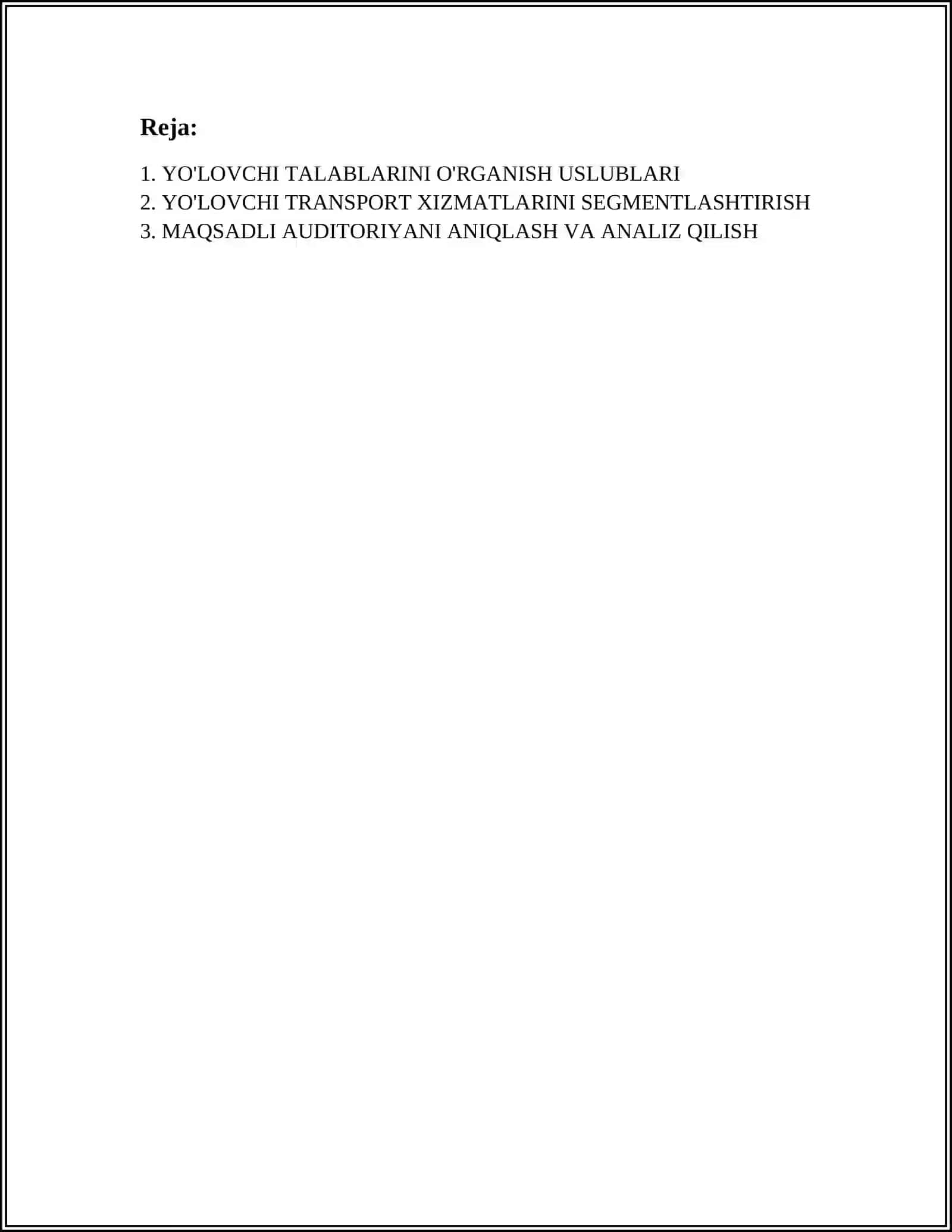 YOʻLOVCHILARNI TASHISHDA MARKETING TADQIQOTLARI 2