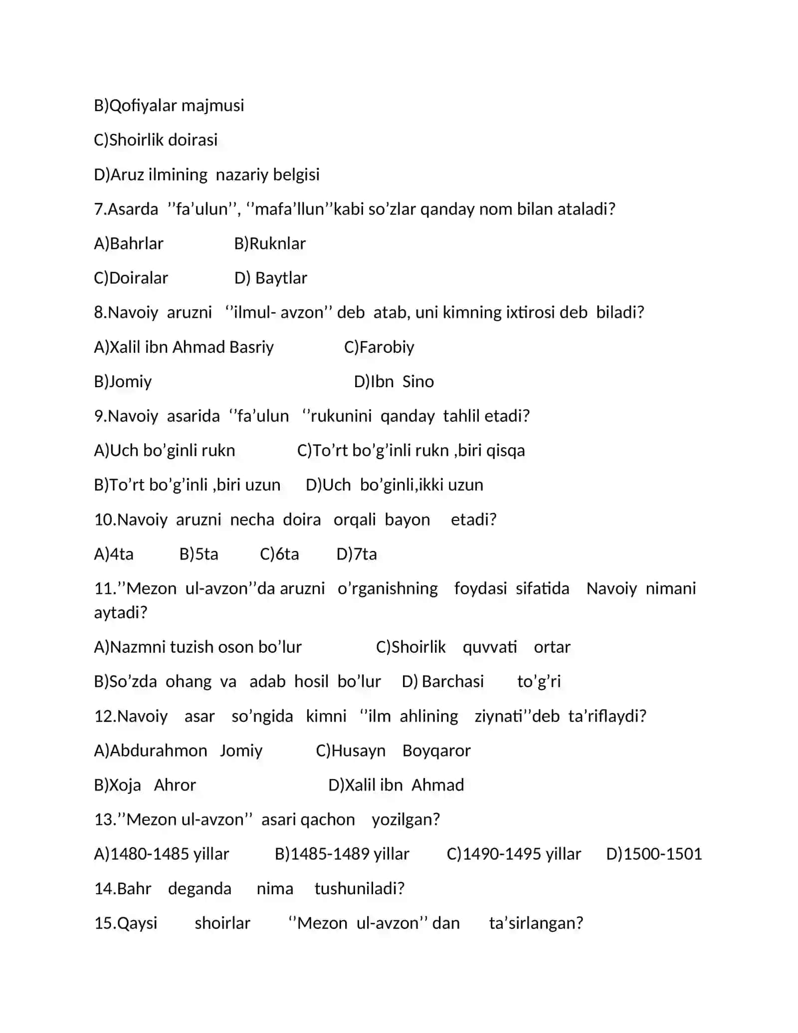 'Mezon ul-avzon' asariga ochiq va yopiq testlar 2