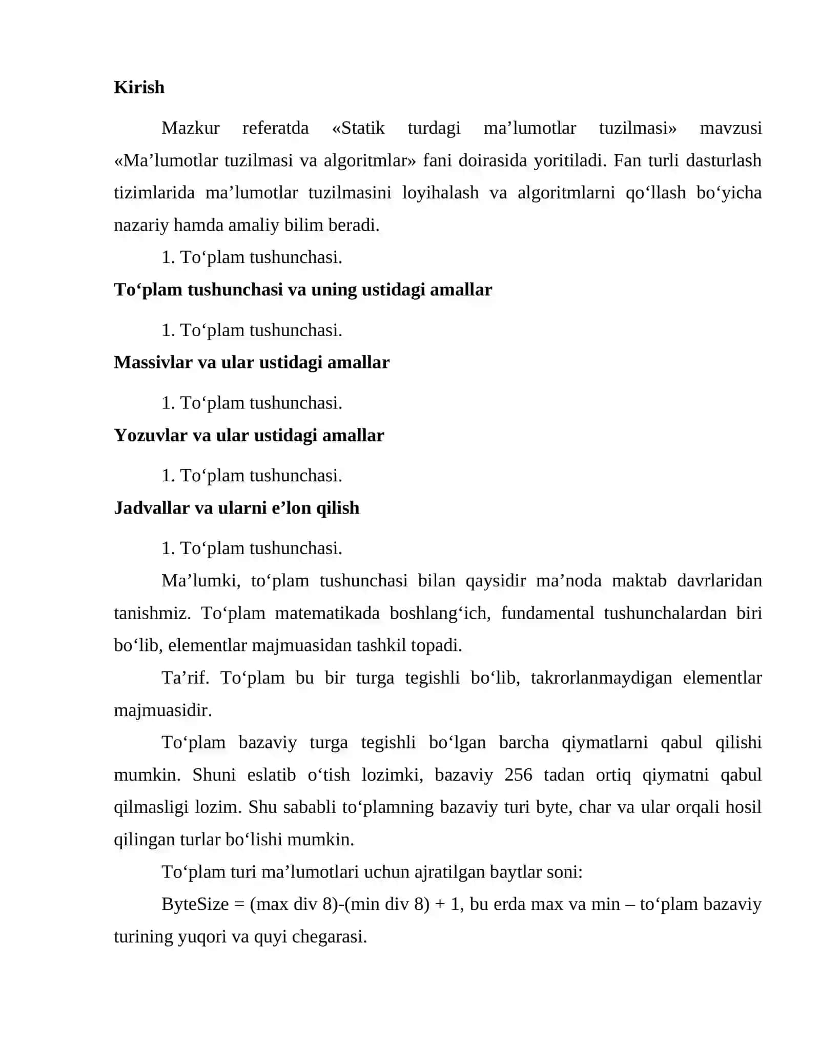 Statik turdagi maʼlumotlar tuzilmasi 2