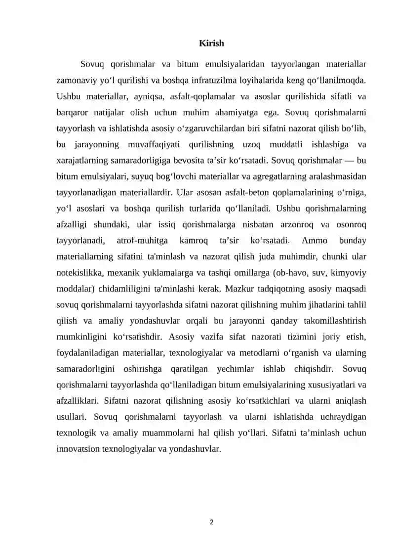 Sovuq qorishmalar va bitum emulsiyalaridan tayyorlangan sovuq qorishmalardan asoslar va qoplamalar qurishda sifatni nazorat qilish 2