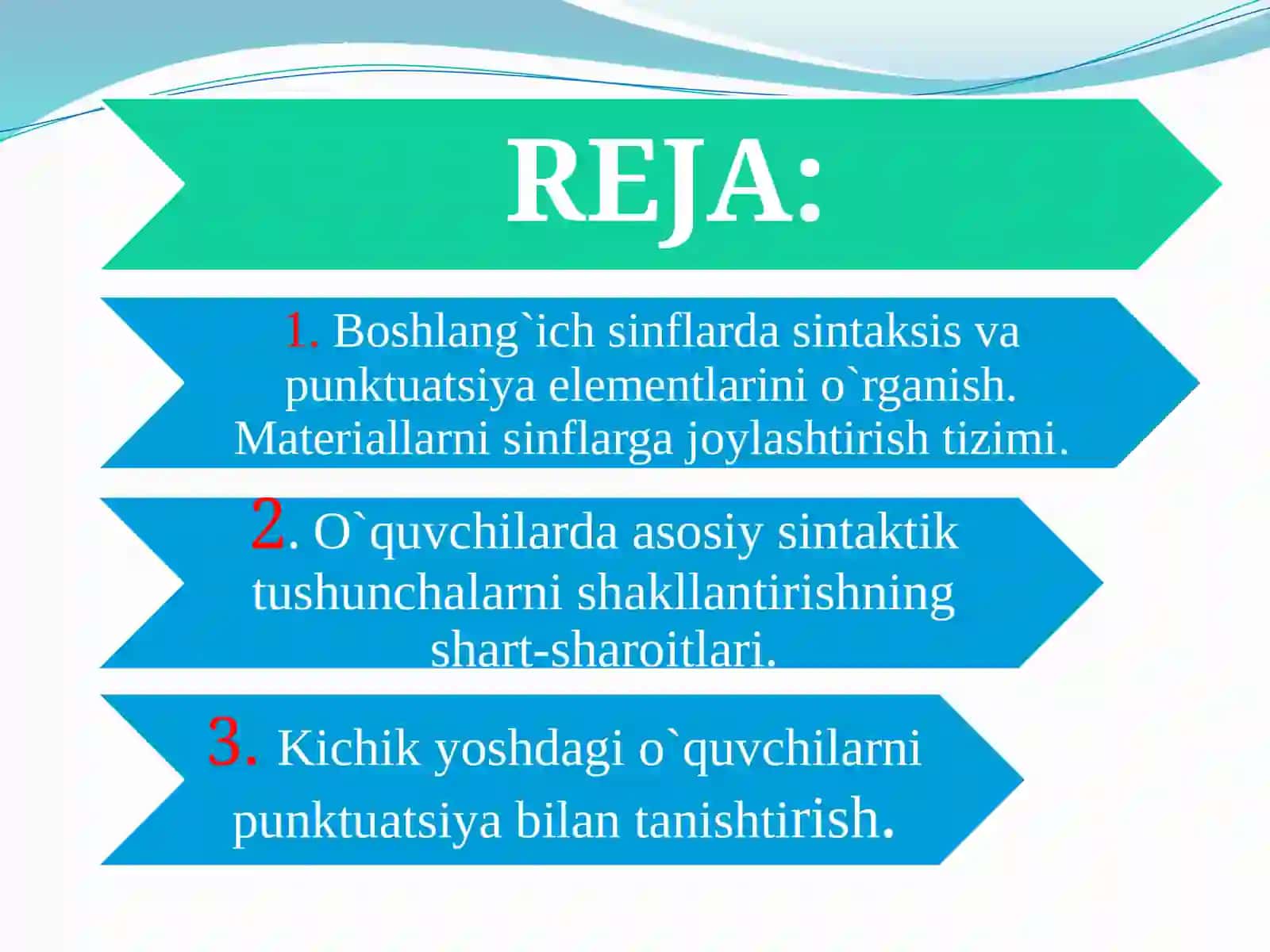 Boshlang’ich sinflarda sintaksis va punktuatsiya elementlarini o’rganish.Boshlang’ich sinflarda sintaktik tushunchalar ustida ishlash metodikasi 2