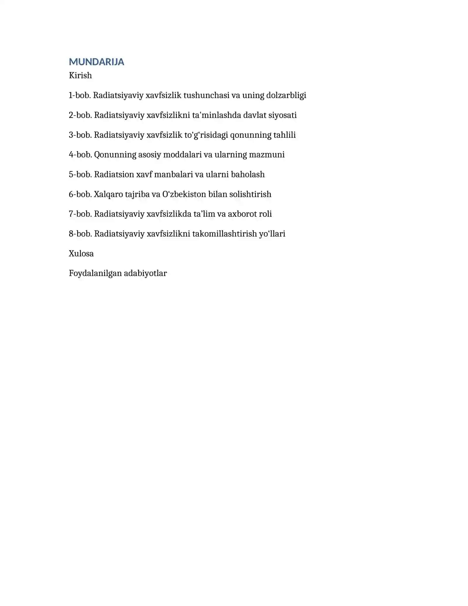 O‘zbekiston Respublikasining Radiatsiyaviy xavfsizlik to‘g‘risidagi qonunni mazmun mohiyatini o‘rganish 2