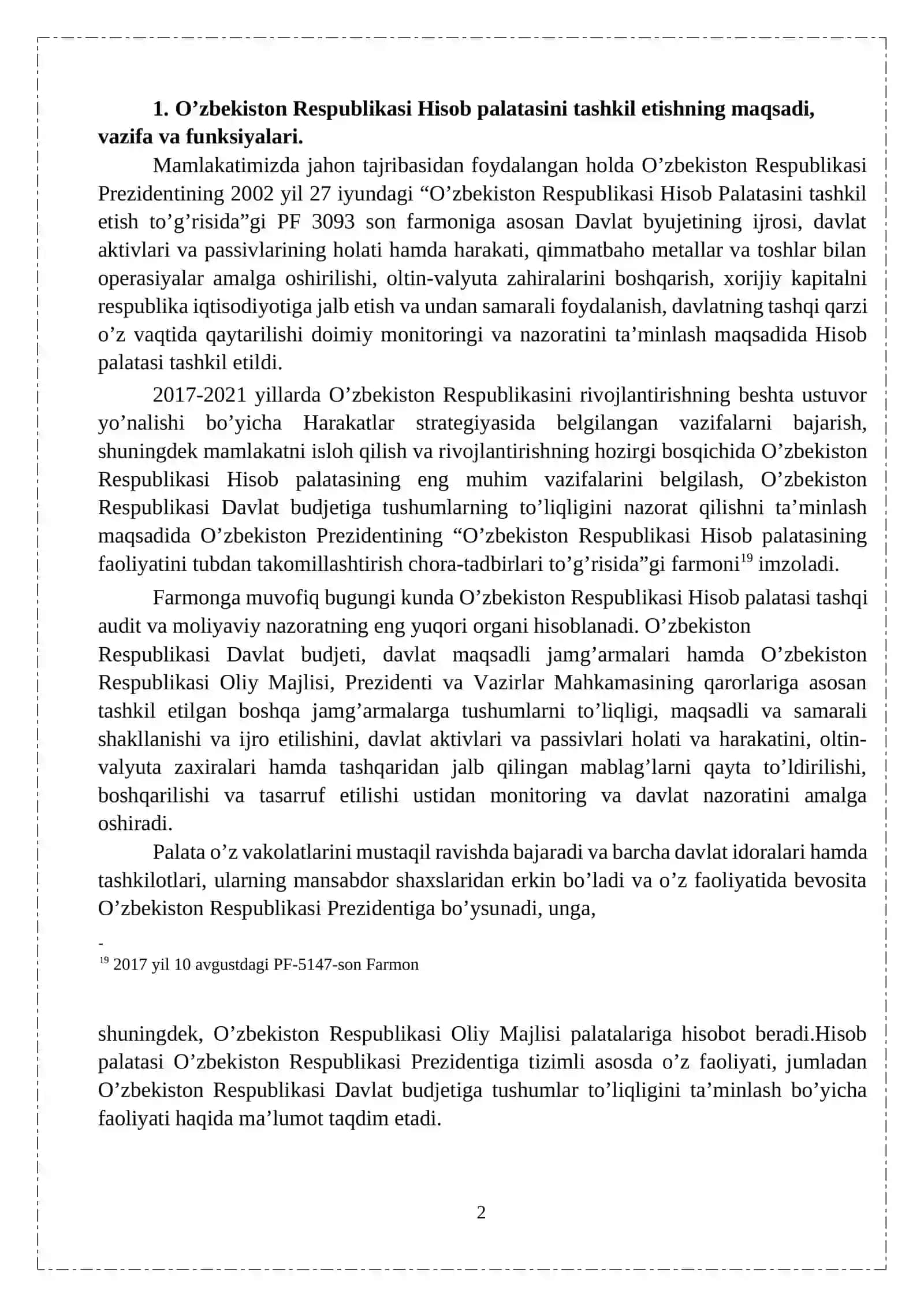 O’zbekiston Respublikasi Hisob palatasini tashkil etishning maqsadi, vazifa va funksiyalari 2