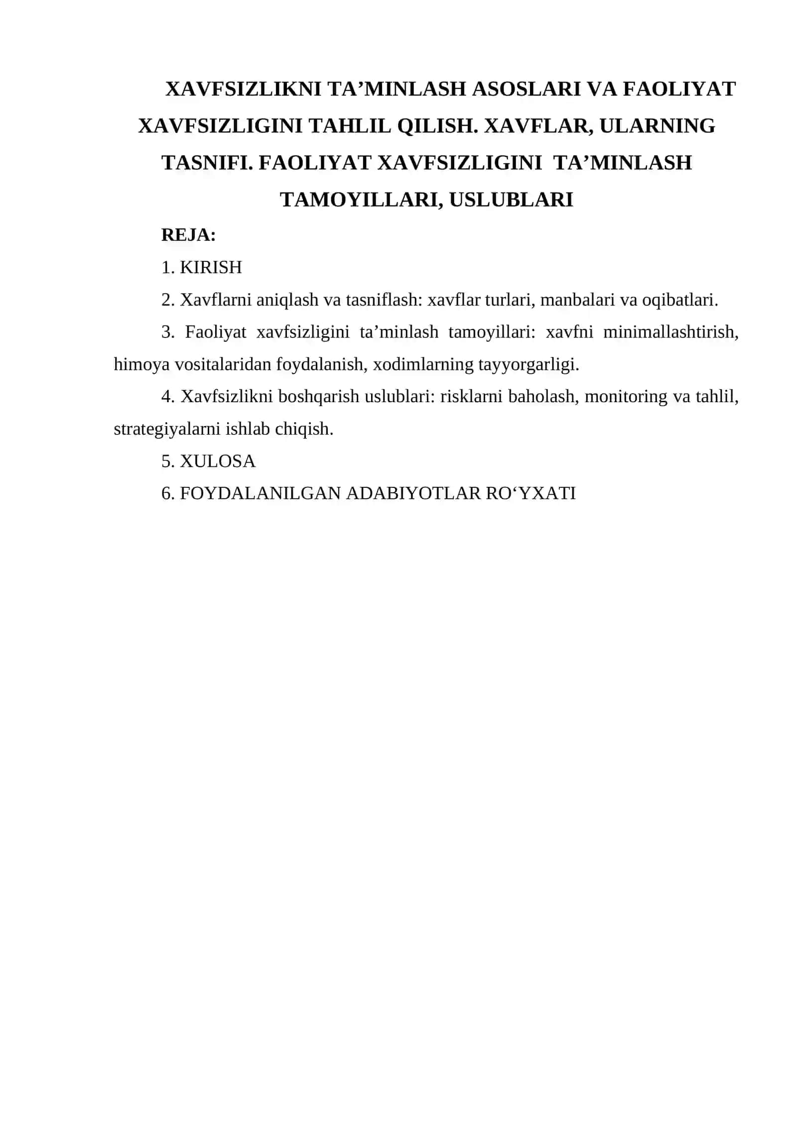 XAVFSIZLIKNI TA’MINLASH ASOSLARI VA FAOLIYAT XAVFSIZLIGINI TAHLIL QILISH 2
