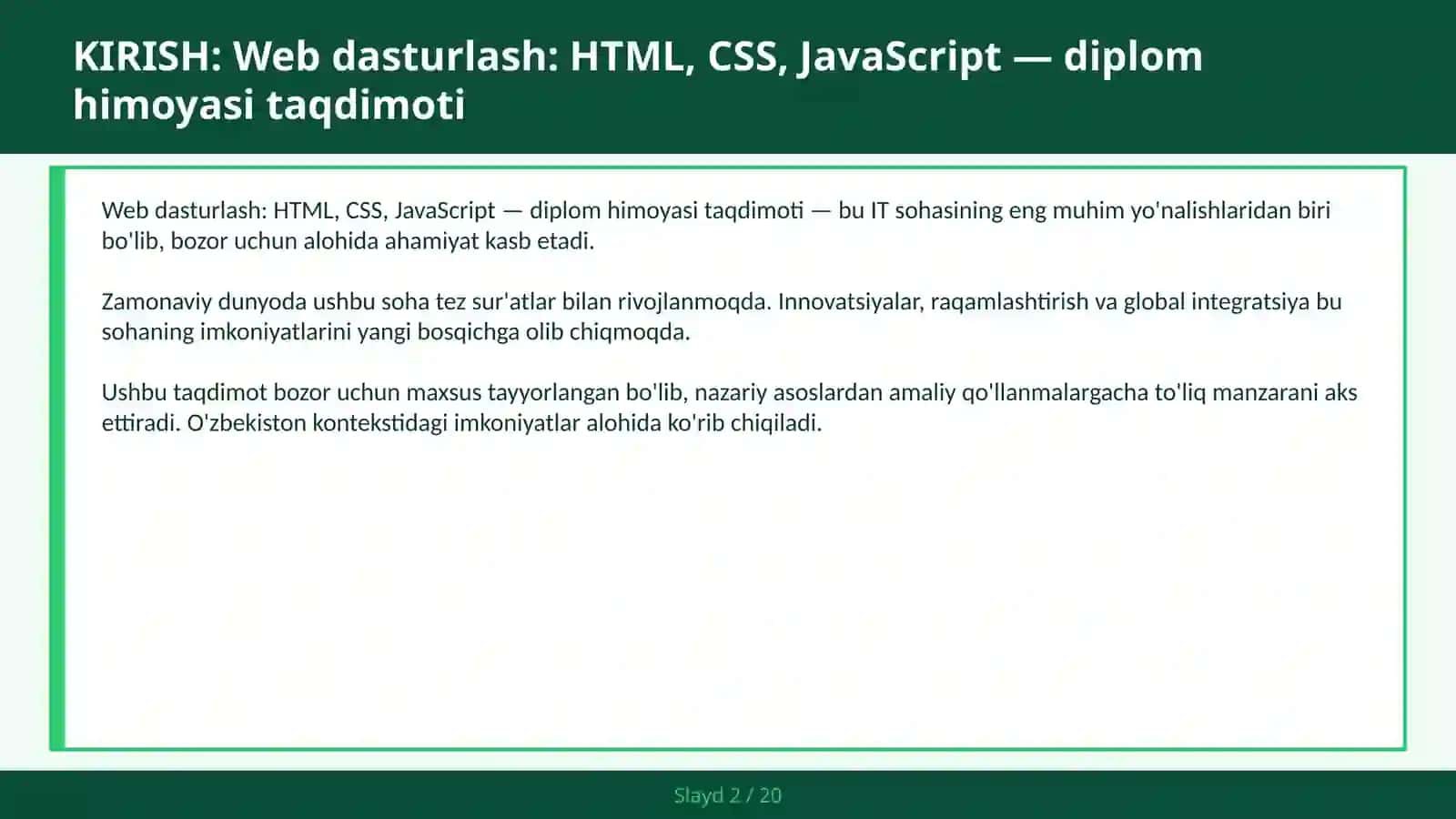 HTML, CSS, JavaScript — Diplom Himoyasi Taqdimoti 2