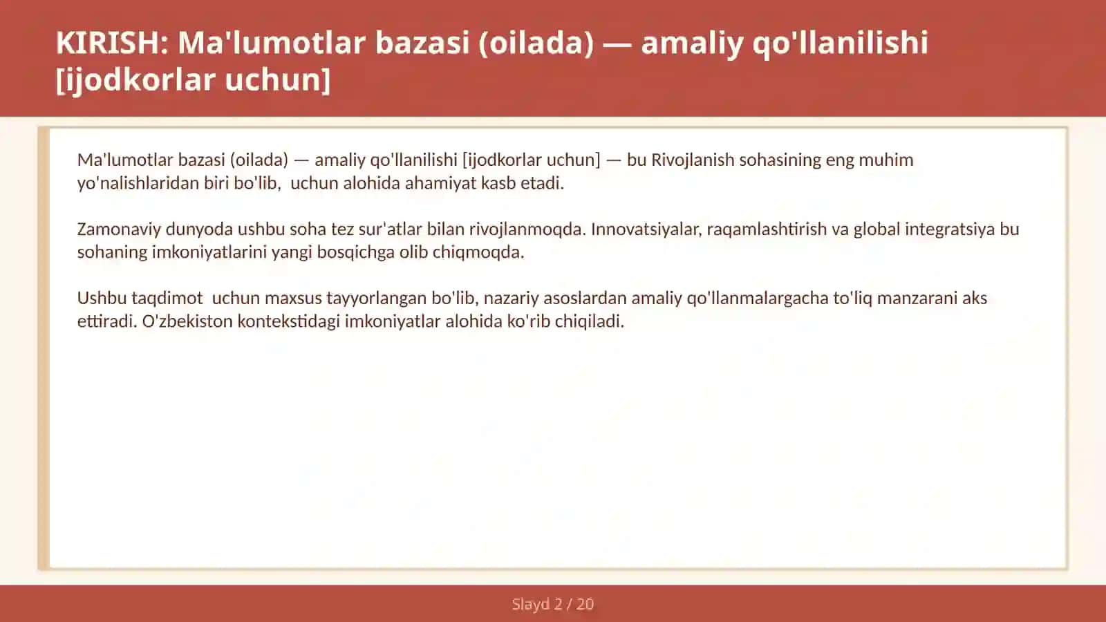 Ma'lumotlar bazasi (oilada) — amaliy qo'llanilishi [ijodkorlar uchun] 2