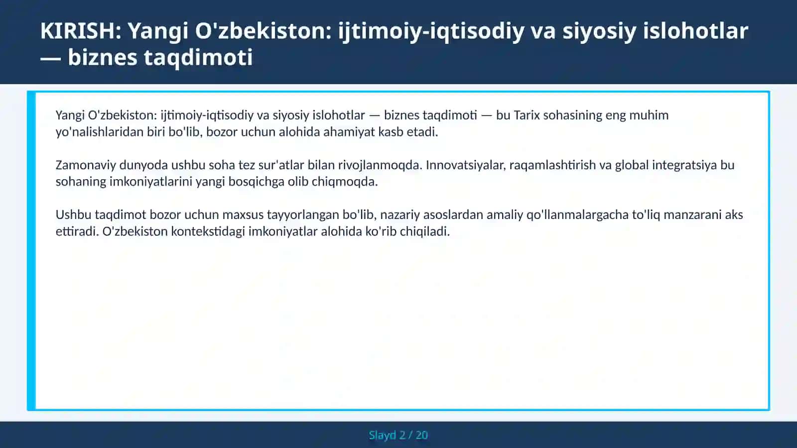 Yangi O'zbekiston: Ijtimoiy-Iqtisodiy va Siyosiy Islohotlar — Biznes Taqdimoti 2