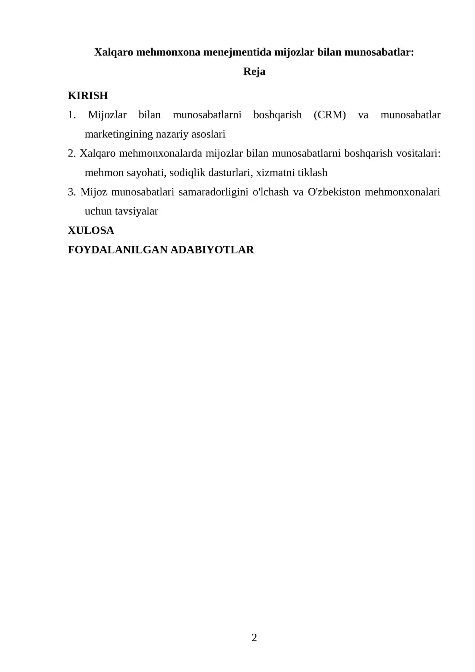 “Xalqaro mehmonxona menejmentida mijozlar bilan munosabatlar” REFERAT 2