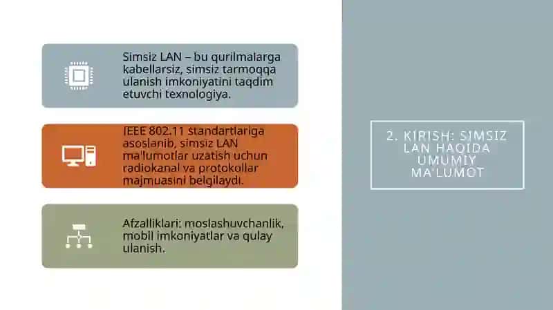 Kompyuter tarmoqlarining standart texnologiyalari: simsiz LAN. IEEE 802.11 tavsifi 2