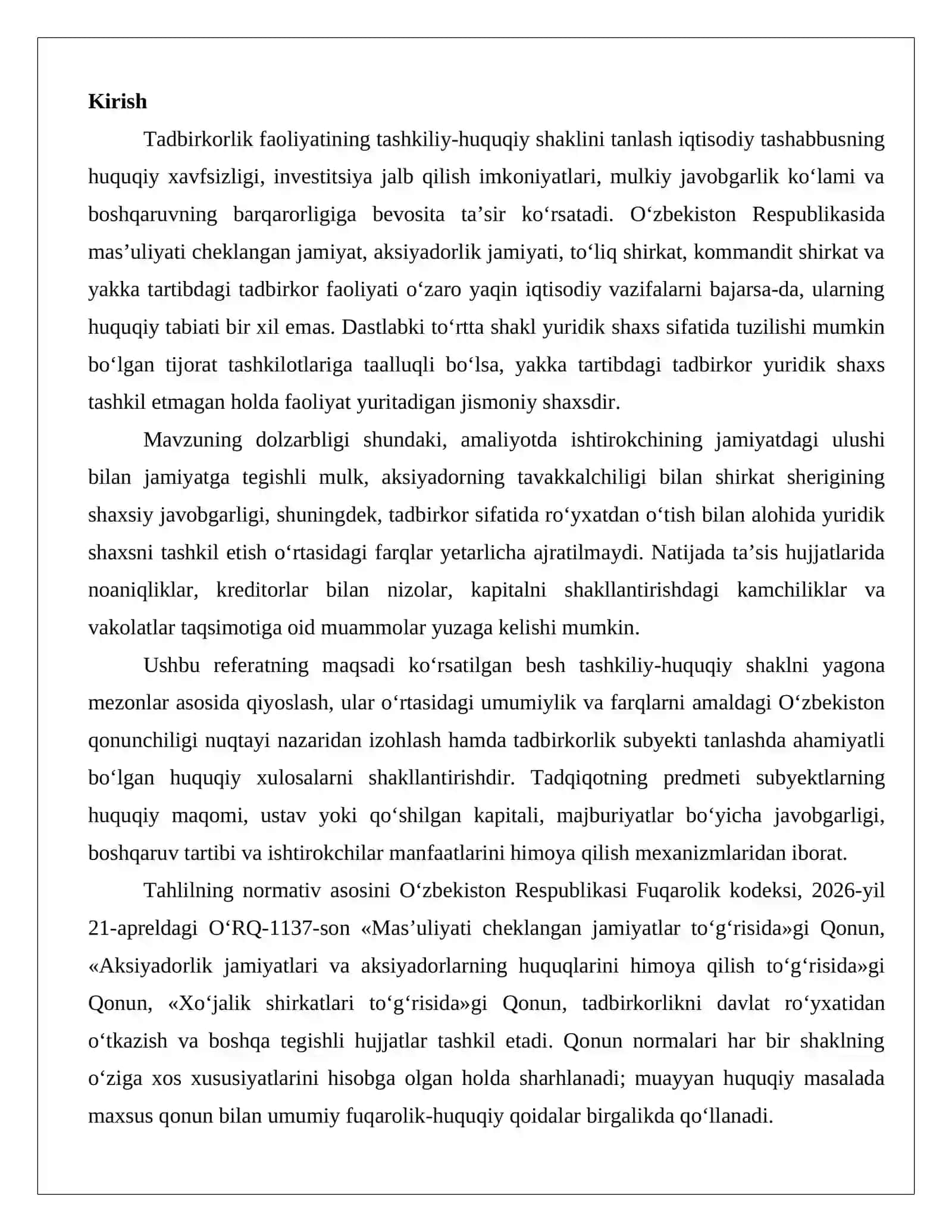 MCHJ, AJ, to‘liq shirkat, kommandit shirkat va yttning qiyosiy-huquqiy tavsifi Huquqiy maqom, kapital, javobgarlik va boshqaruv.docx 2