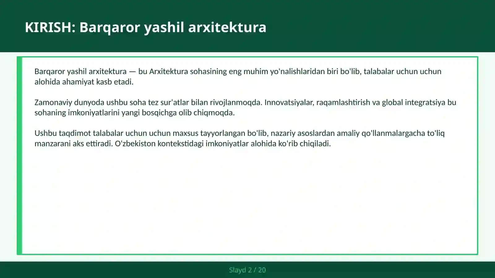 Barqaror yashil arxitektura 2