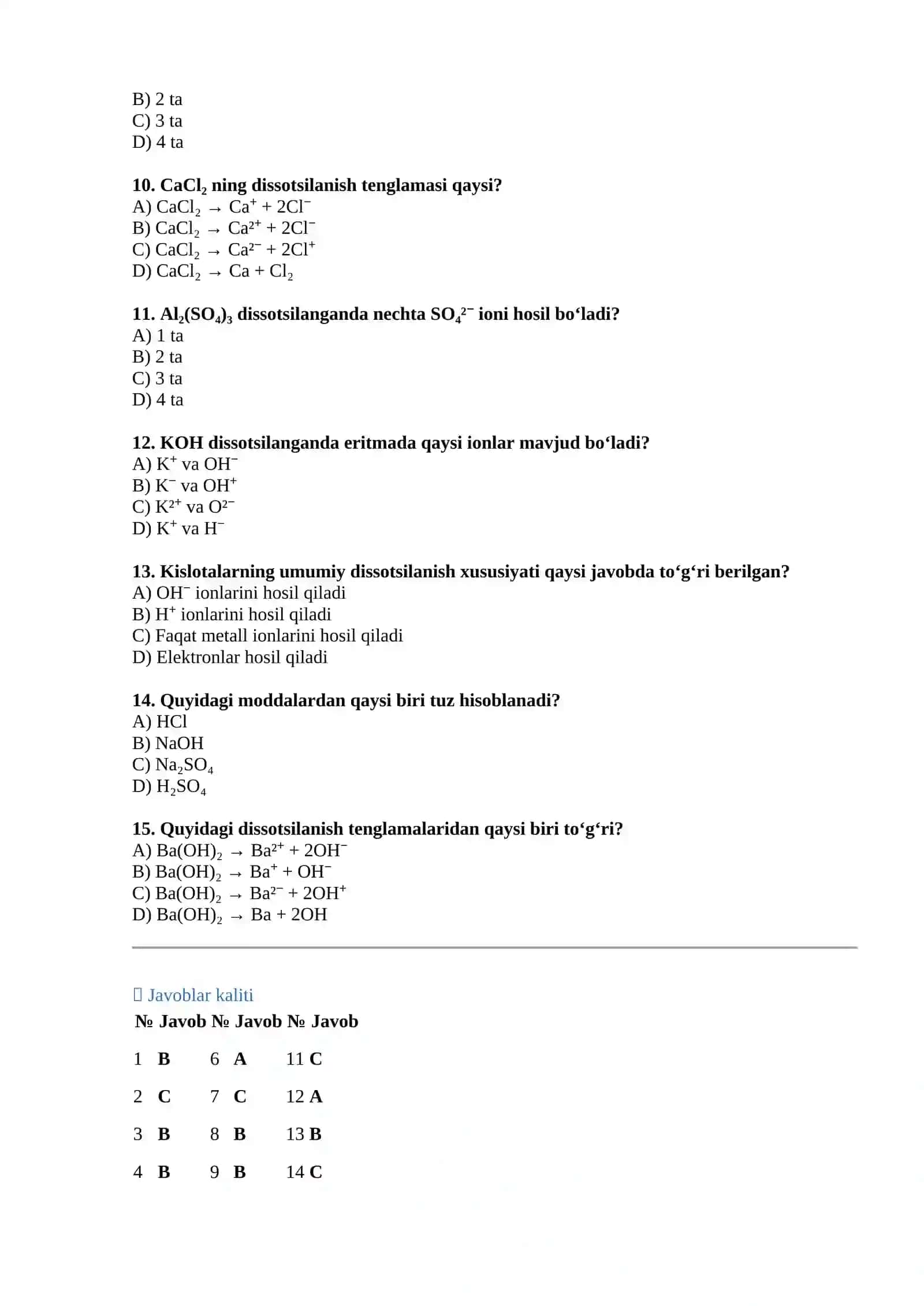 Kislota, ishqor va tuzlarning dissotsiyalanishi bo‘yicha 15 ta test 2