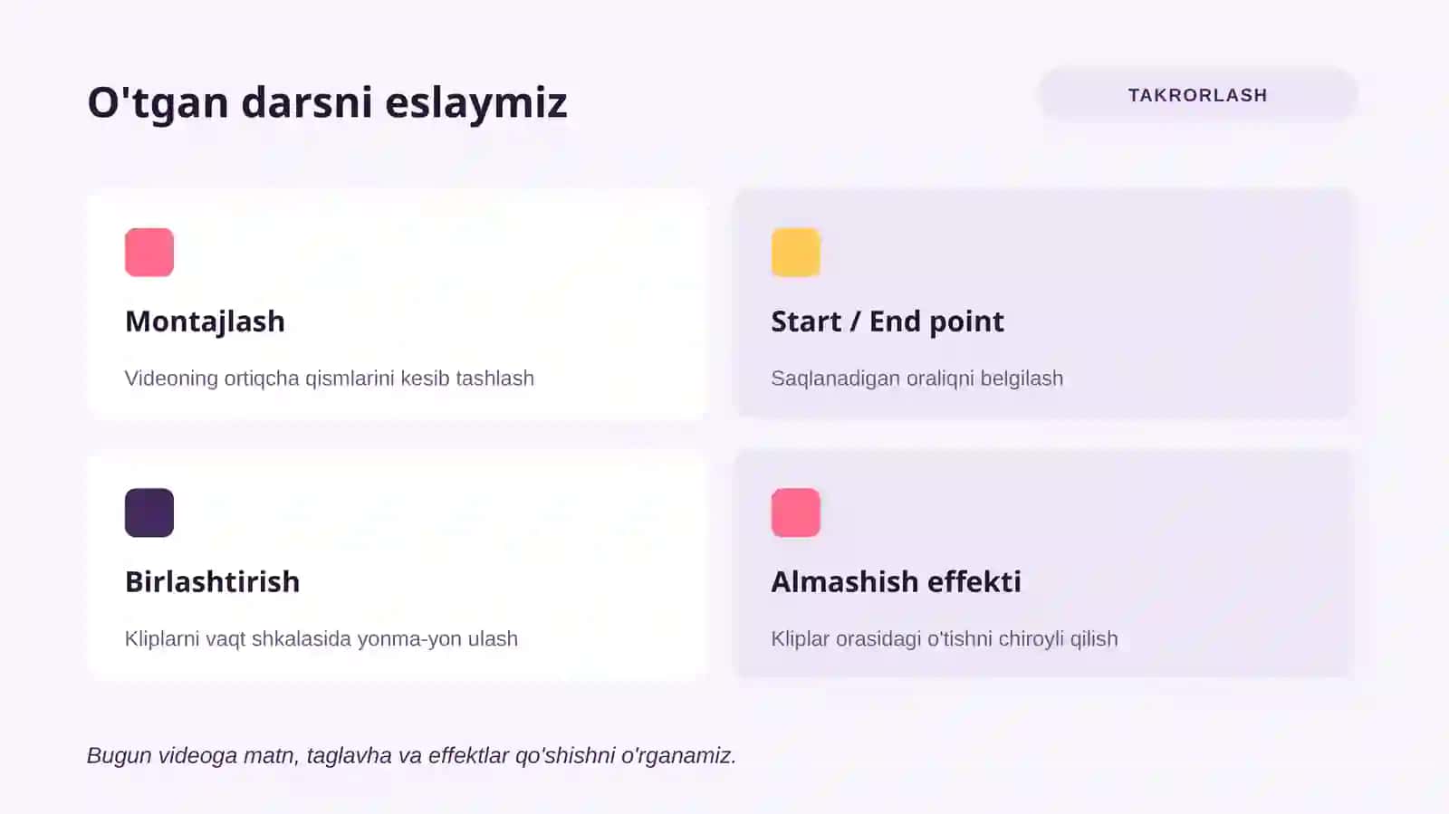 Matnli slayd va titr yaratish. Izoh va subtitr qo'shish. Animatsiya va effektlar qo'shish. 2