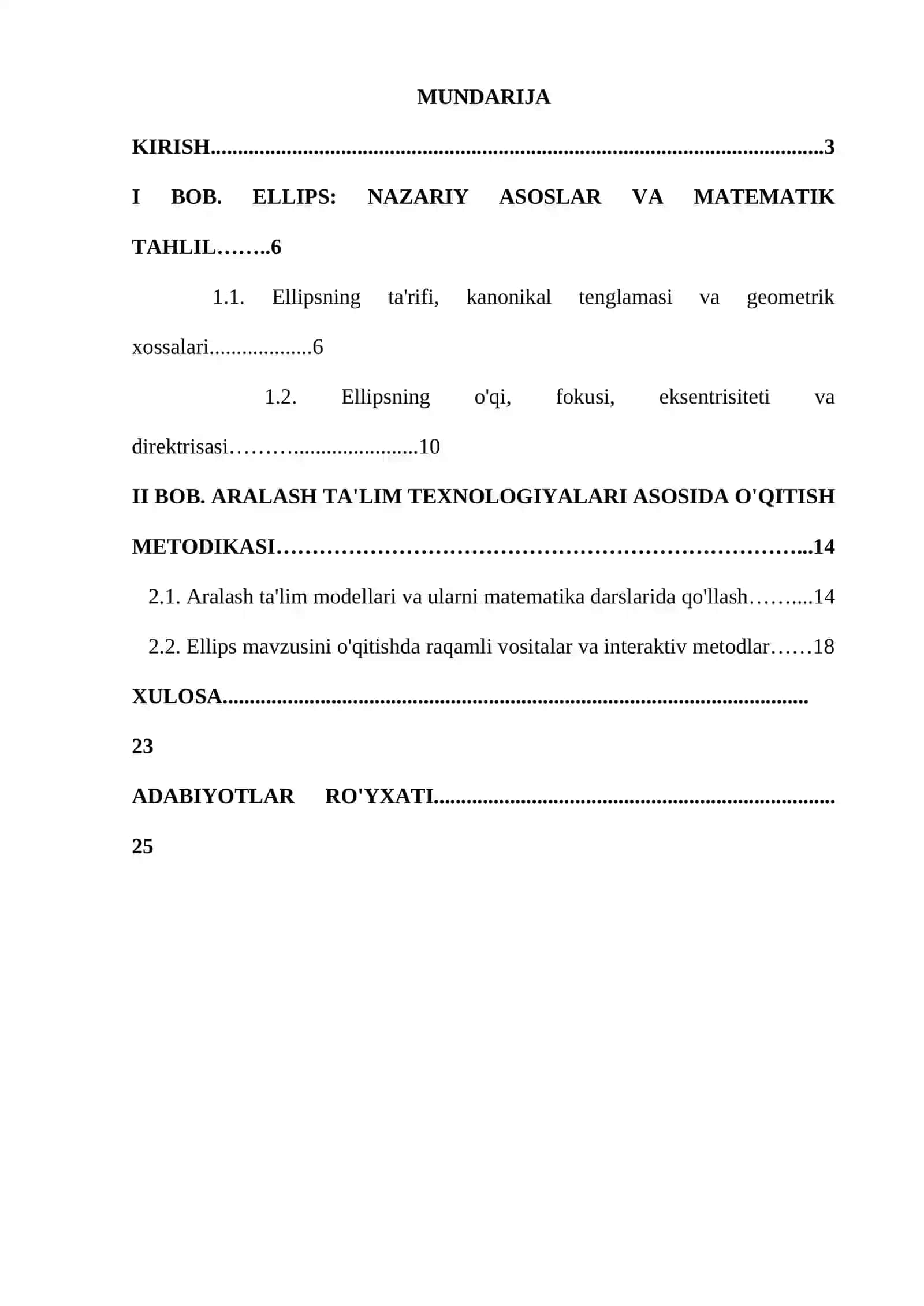 "Ellips va uning xossalari" mavzusini aralash ta'lim texnologiyalari asosida o'qitish 2