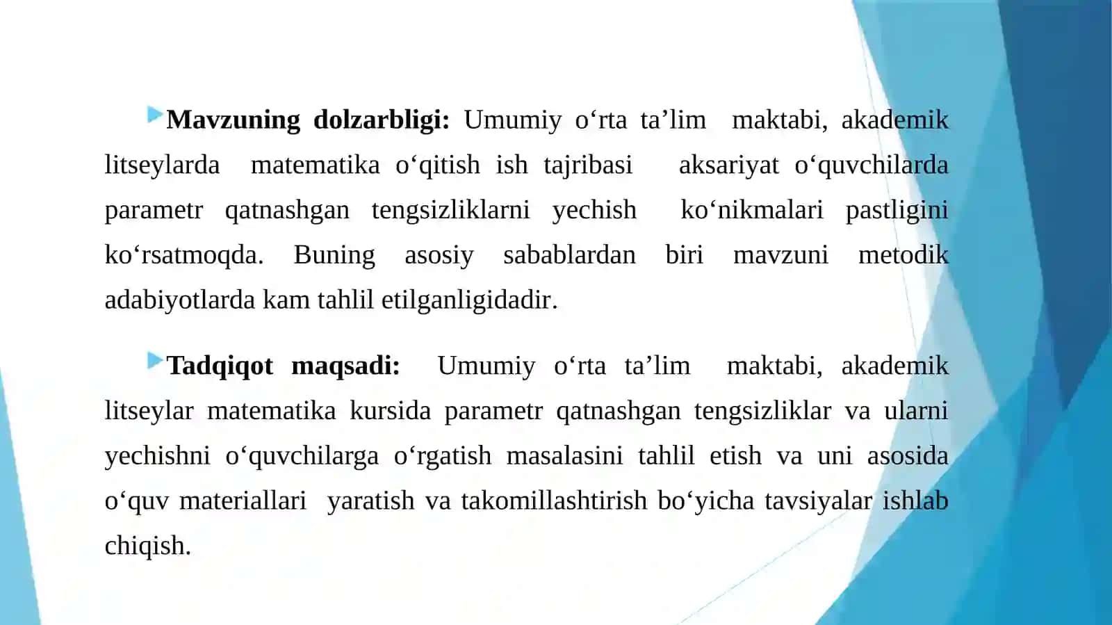 Umumiyo‘r tata’lim maktabi, akademik litsey, matematika o‘qitishi 2