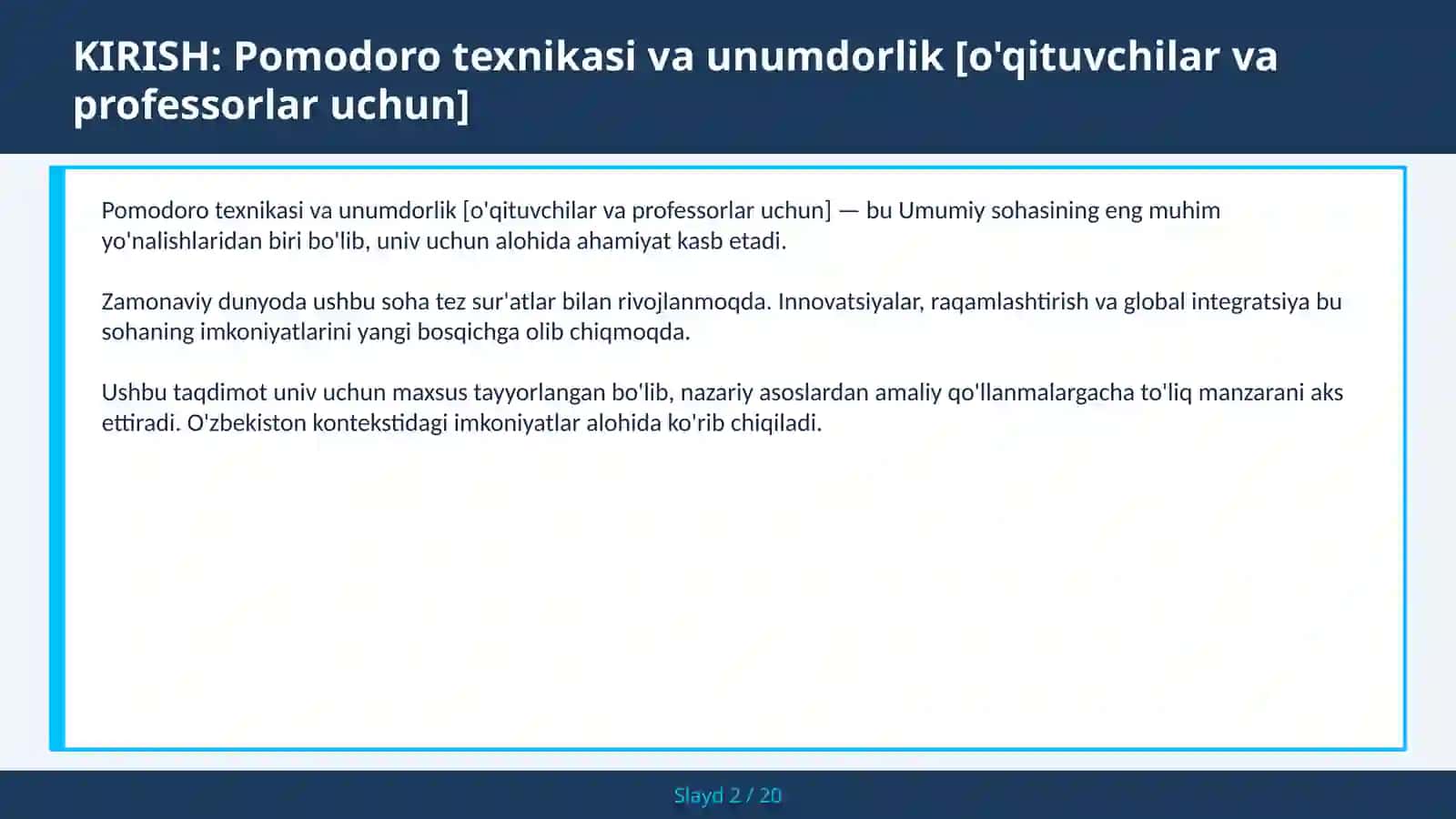 Pomodoro texnikasi va unumdorlik [o'qituvchilar va professorlar uchun] 2