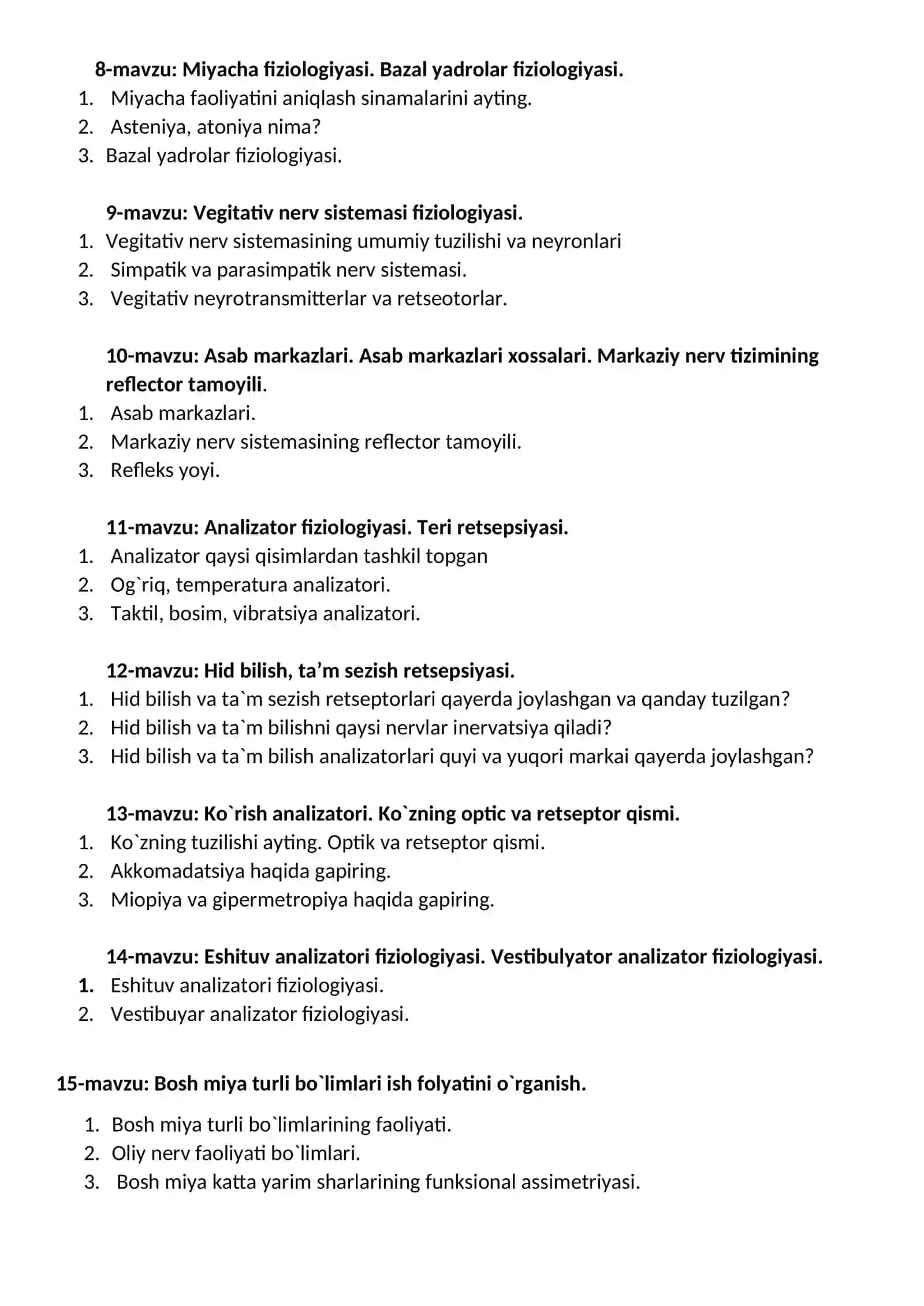 Stomatologiya yo`nalishi 2-kurs uchun savollar 2