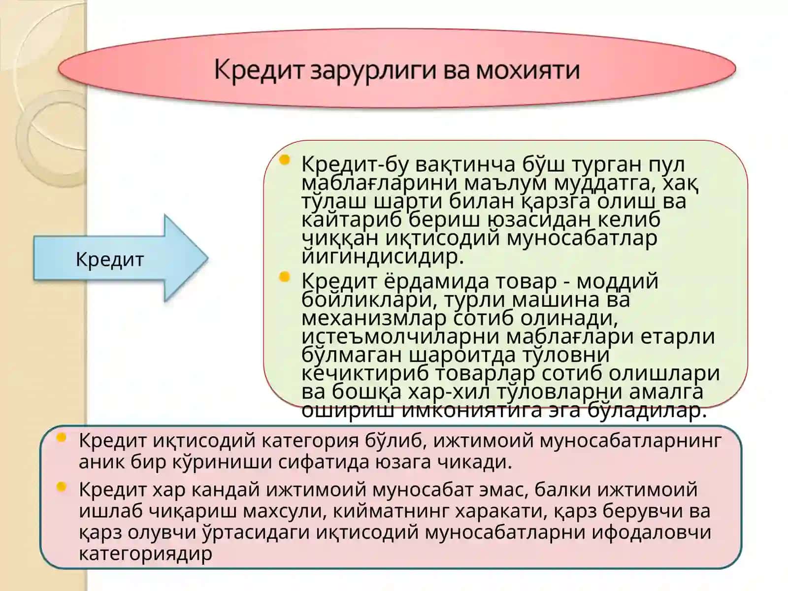 Кредит моҳияти ва кредит муносабатларининг ривожланиши 2