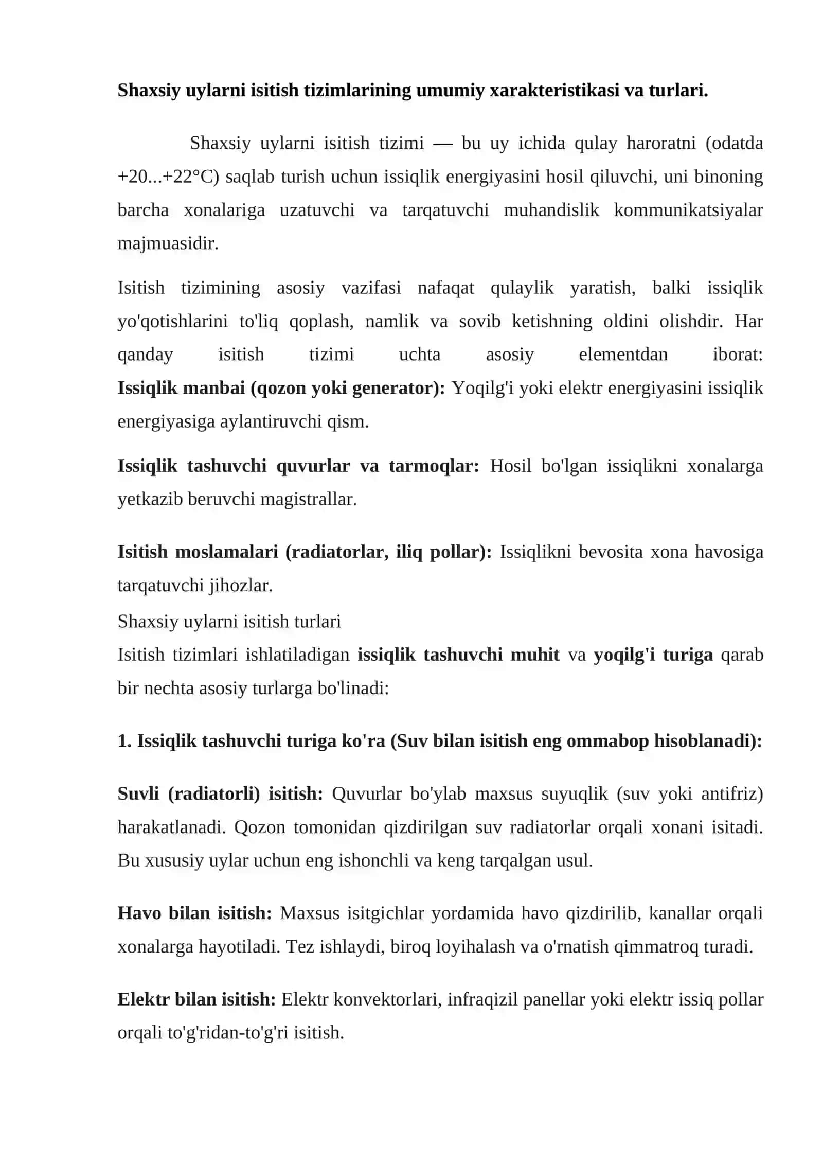 Shaxsiy uylarni isitish tizimlarining umumiy xarakteristikasi va turlari 2