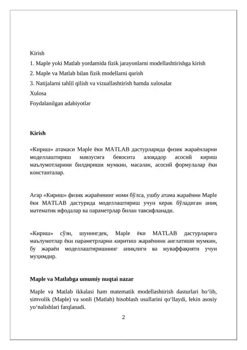 Fizik jarayonlarni Maple yoki Matlab yordamida modellashtirish 2