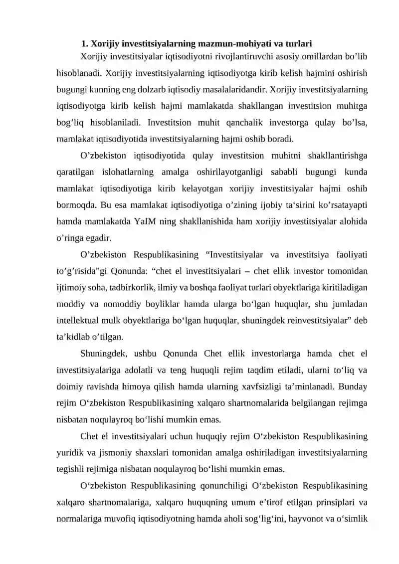 Investitsiyalarni jalb etishning jahon tajribasi va uni O`zbekistonda qo`llash imkoniyatlari. 2
