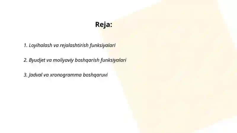 Tuzilish va loyihalarni boshqarish funksiyalari 2