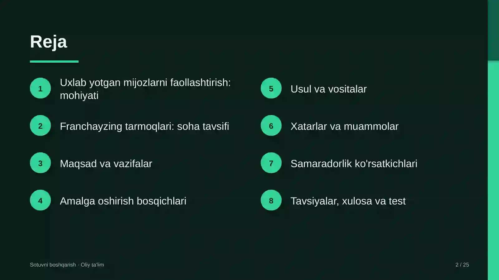 franchayzing tarmoqlarida uxlab yotgan mijozlarni qayta faollashtirish 5222 2