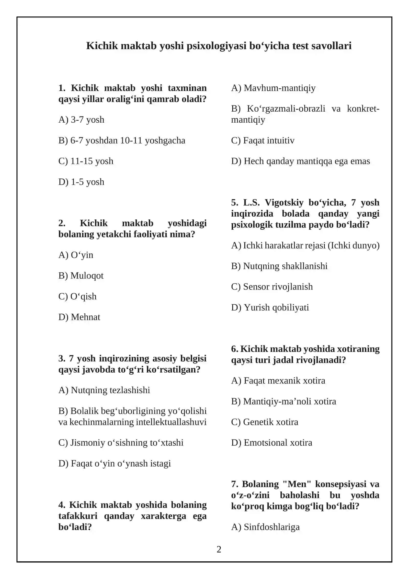 Kichik maktab yoshi psixologiyasi bo‘yicha test savollari 2