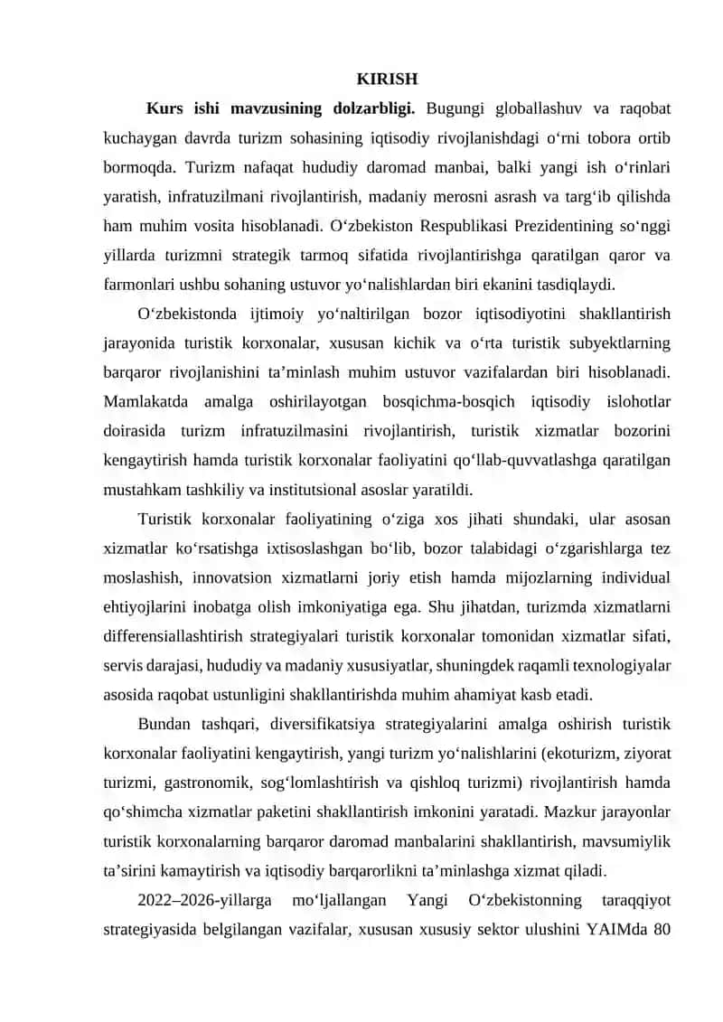 Turizmda xizmatlarni differensiallashtirish va diversifikatsiya strategiyalari. 2