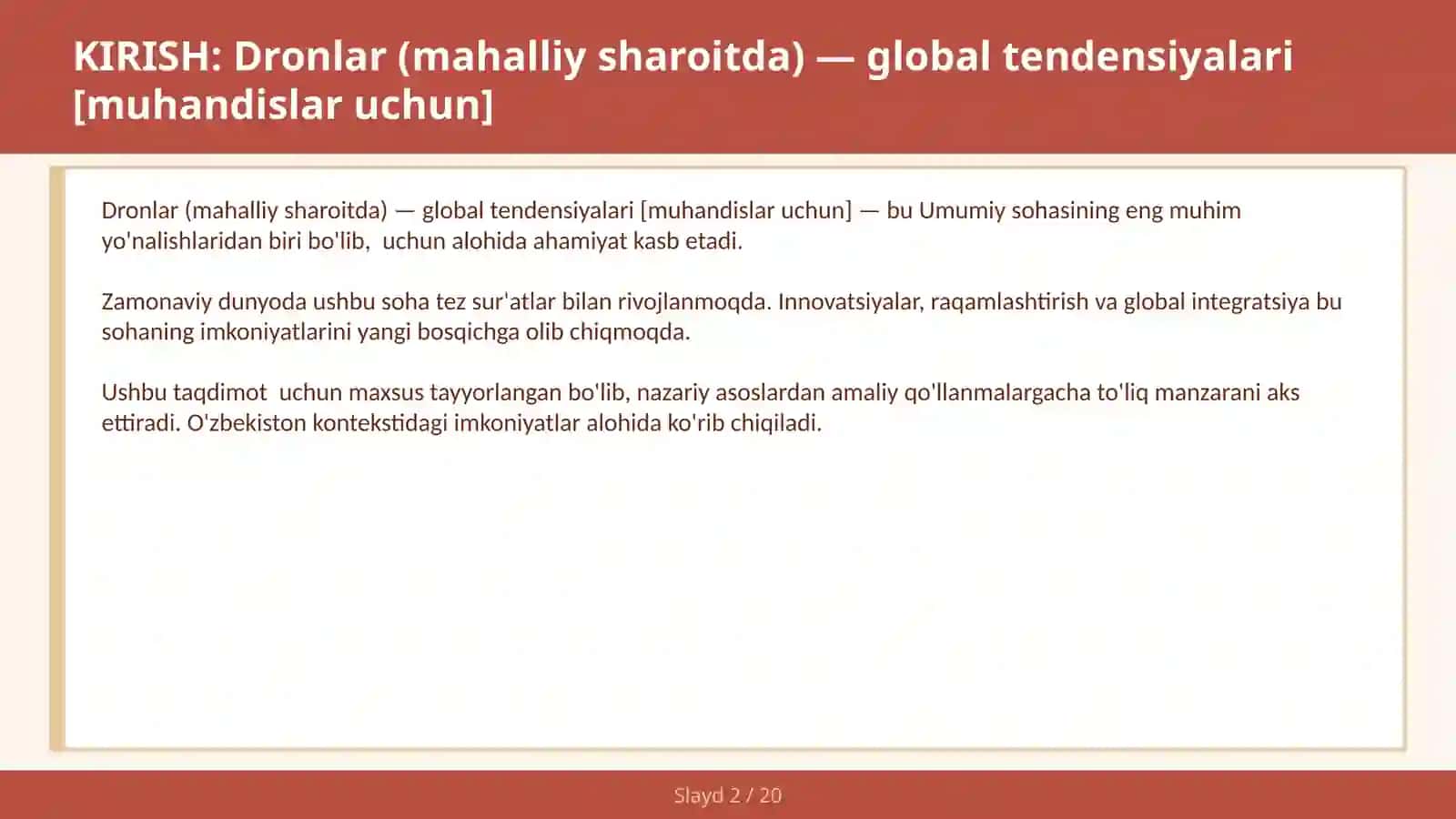 DRONLAR (MAHALLIY SHAROITDA) — GLOBAL TENDENSIYALARI [MUHANDISLAR UCHUN] 2