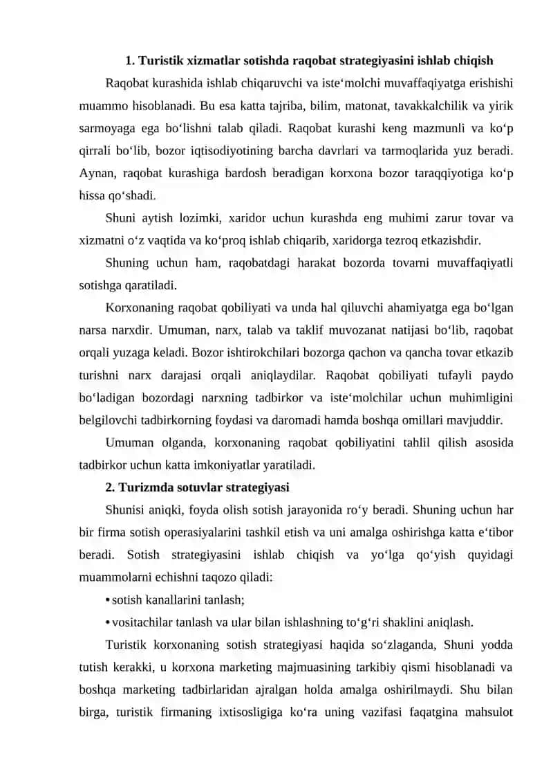 Turistik xizmatlar sotishda raqobat strategiyasini ishlab chiqish 2