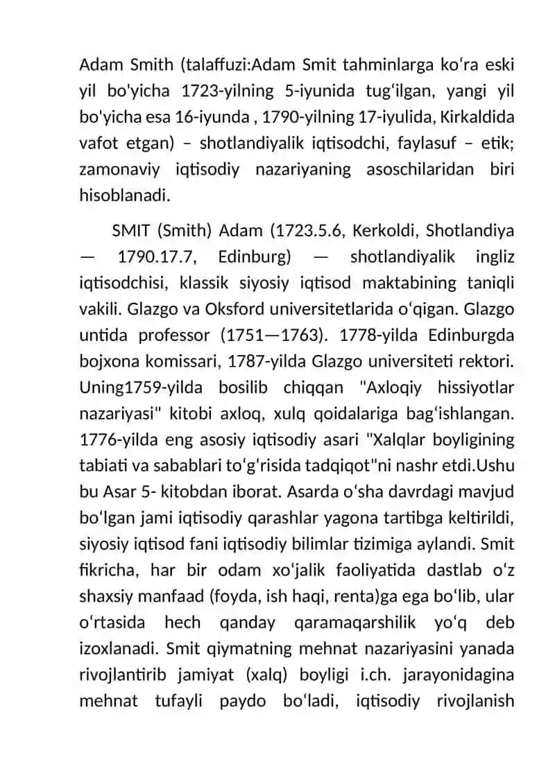 Mustaqil ish Mavzu: A.Smit Klassik iqtisodiy maktab asoschisi 2