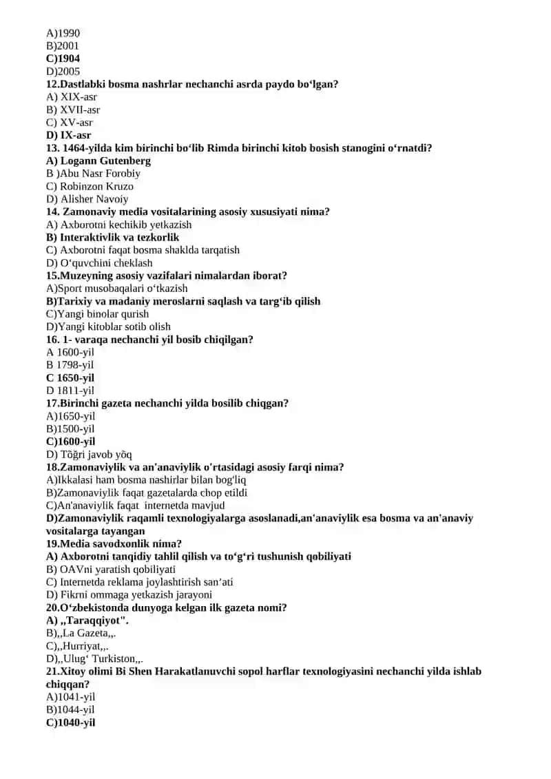 MEDIASAVODXONLIK VA AXBOROT MADANIYATI FANIDAN BARCHA BAKALAVR TALABALARI UCHUN YAKUNIY NAZORAT TEST SAVOLLARI 2