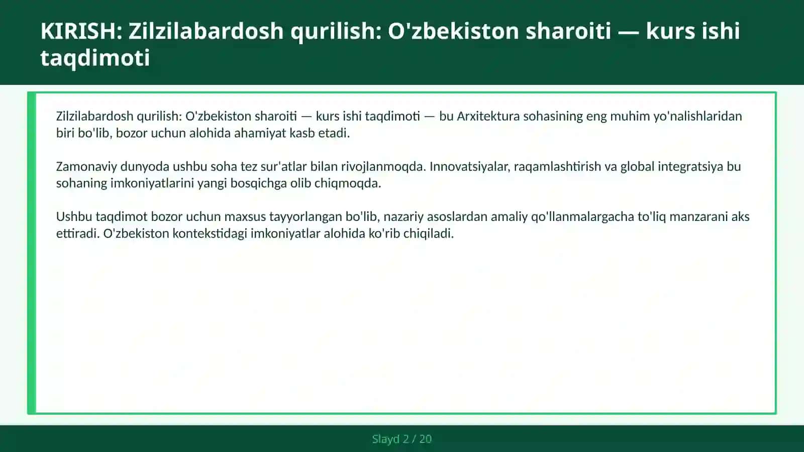 Zilzilabardosh qurilish: O'zbekiston sharoiti — kurs ishi taqdimoti 2