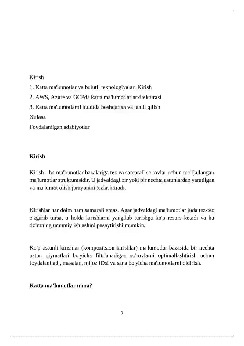 Bulut texnologiyalarida katta ma’lumotlar (AWS, Azure, GCP) 2