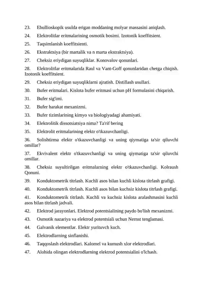 FARMATSEVTIKA FAKULTETI 2 KYRS TALABALARI UCHUN FIZIK VA KOLLOID KIMYO MODULIDAN SAVOLLAR 2