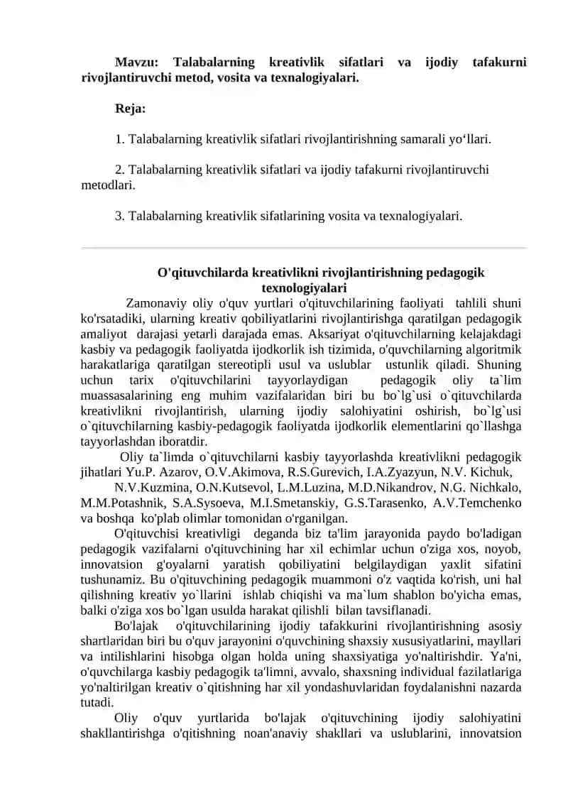 Talabalarning kreativlik sifatlari va ijodiy tafakurni rivojlantiruvchi metod, vosita va texnalogiyalari 2