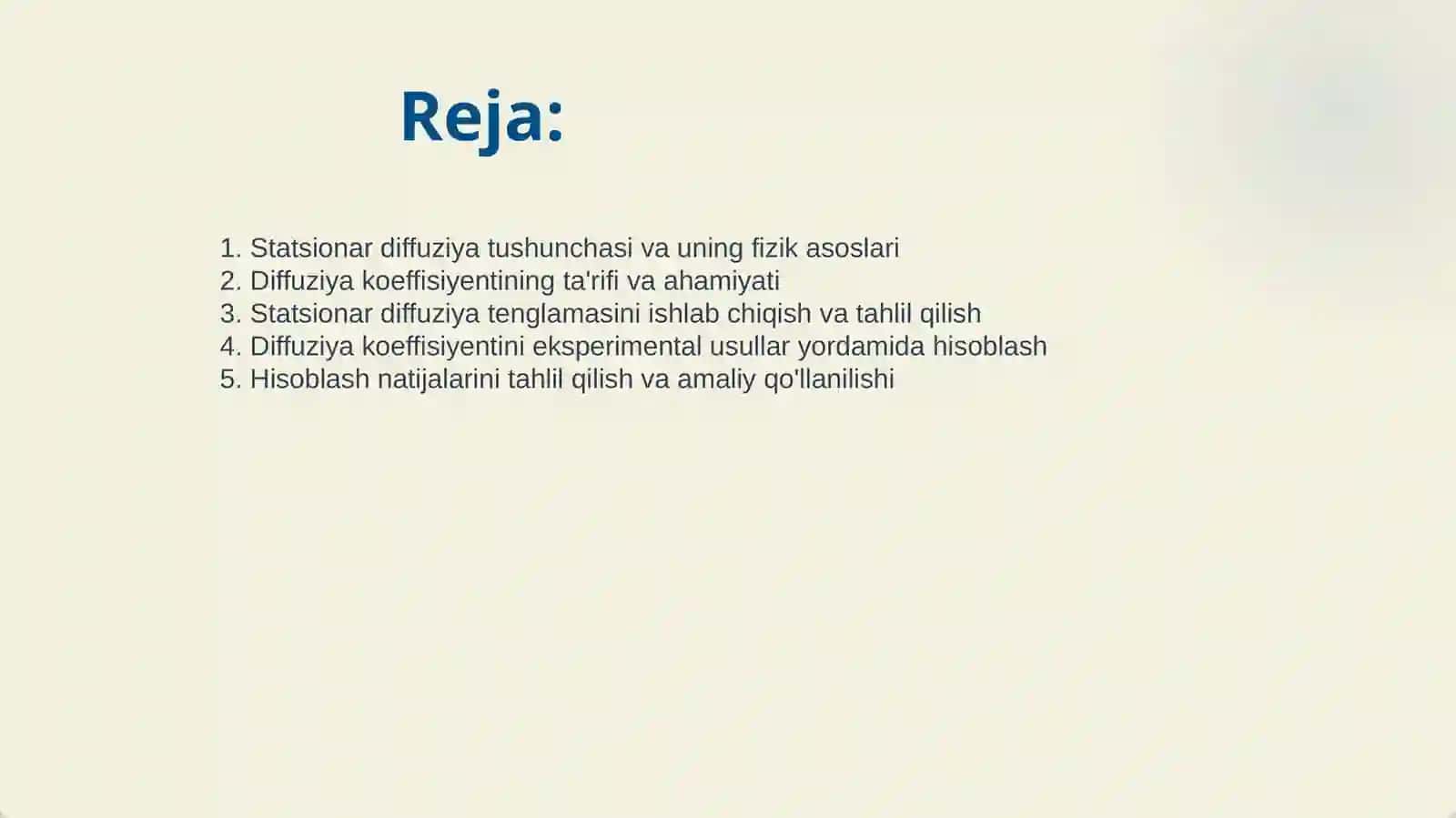 STATSIONAR DIFFUZIYA DIFFUZIYA KOEFFITSENTINI HISOBLASH 2