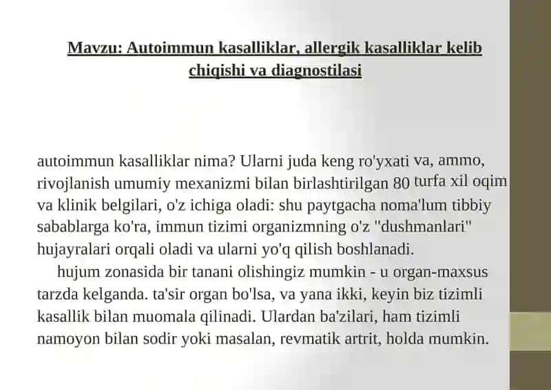 Autoimmunkasalliklar, allergik kasalliklar kelib chiqishi va diagnostikasi 2