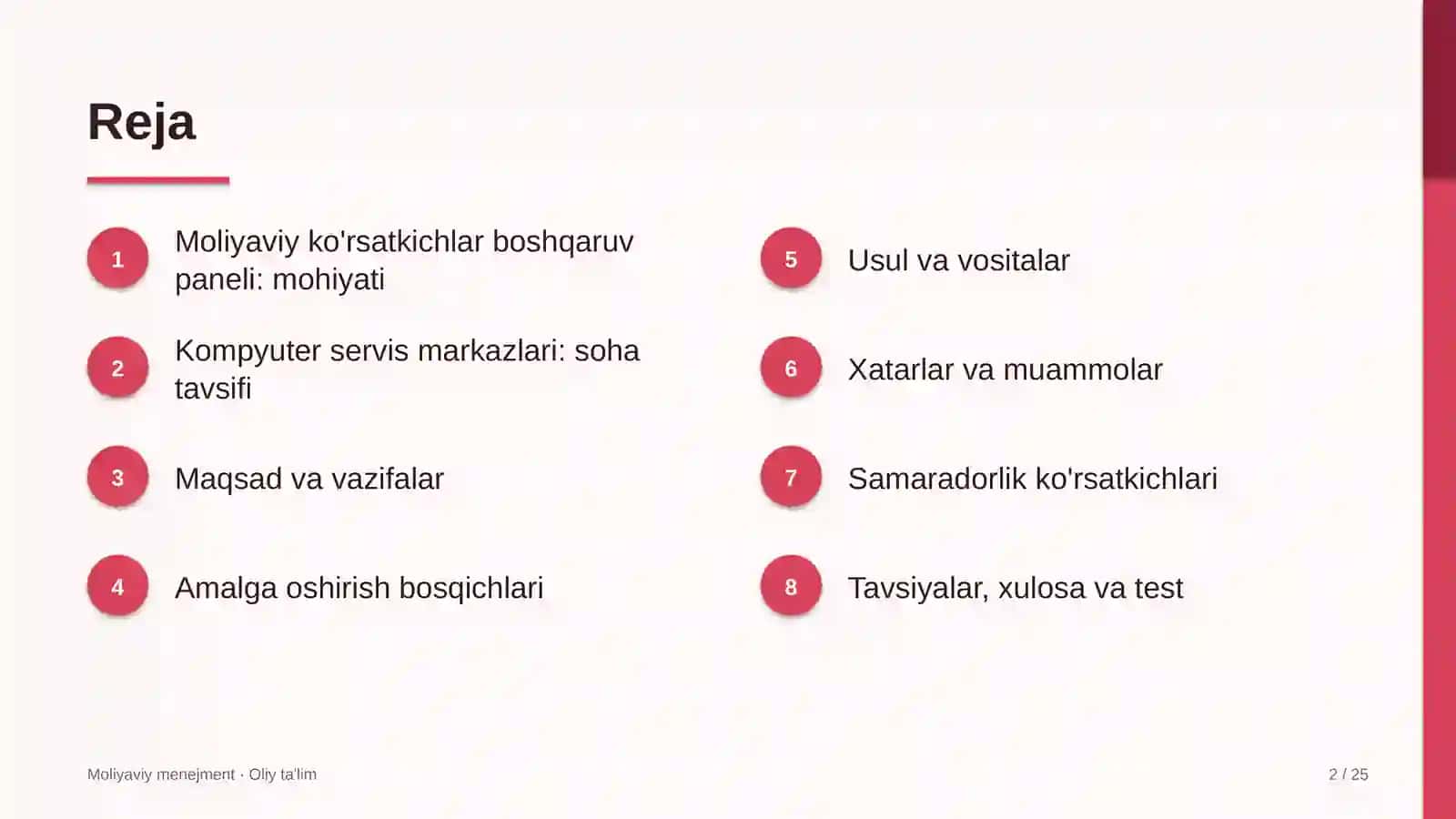 Kompyuter servis markazlarida moliyaviy ko'rsatkichlar boshqaruv panelini yaratish 2