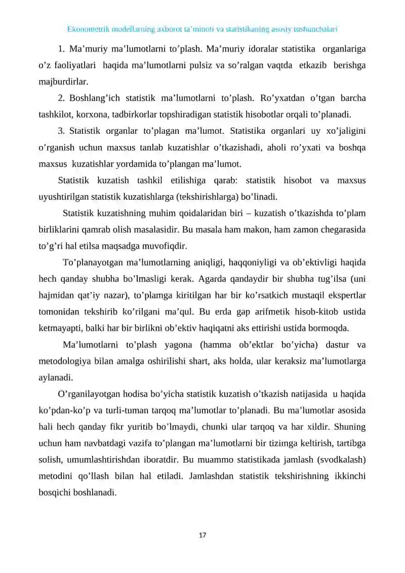 EKONOMETRIK MODELLARNING AXBOROT TA’MINOTI VA STАTISTIKANING ASOSIY TUSHUNCHALARI 2