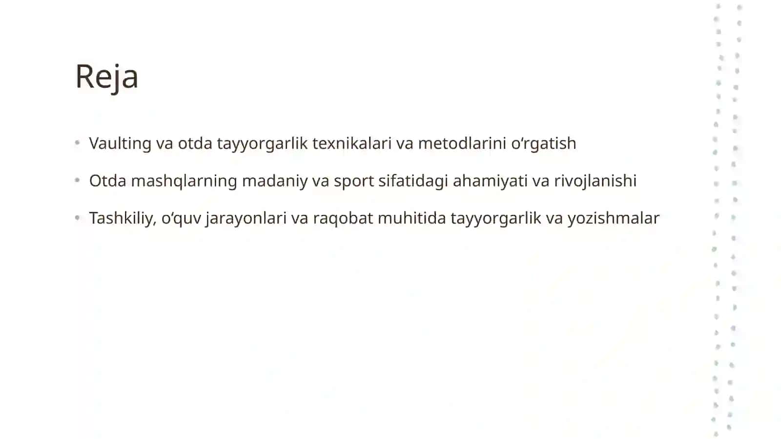 TAYANIB SAKRASHLAR, DASTAKLI OTDA MASHQLAR BAJARISHNI ORGATISH VA TAKOMILLASHTIRISH 2