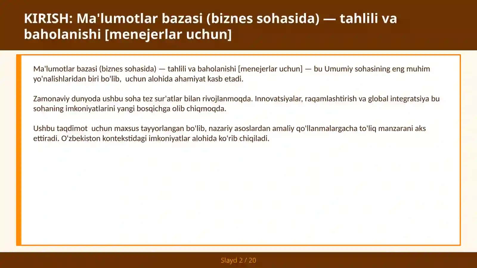 MA'LUMOTLAR BAZASI (BIZNES SOHASIDA) — TAHLILI VA BAHOLANISHI [MENEJERLAR UCHUN] 2